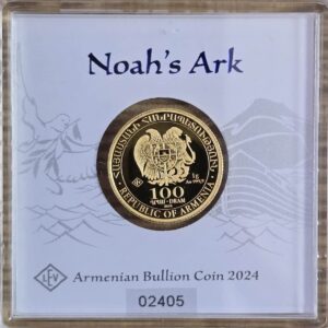 2024 Armenia Gold One Gram Noah's Ark Coin. The Gold coin was struck in 999.9 Fine Gold and weighs approx. 1 gram and comes with certification.