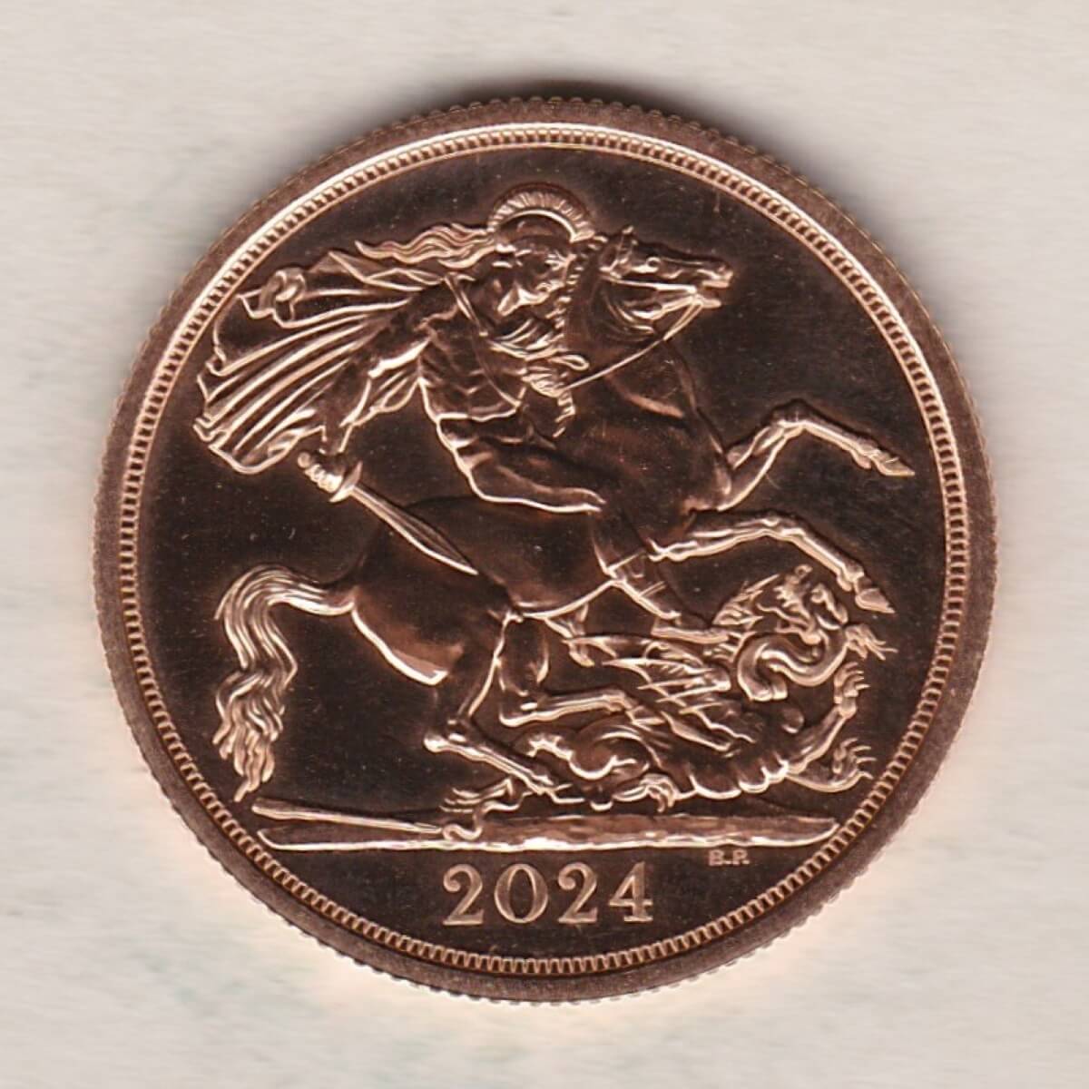 2024 Gold Double Sovereign Coin featuring King Charles III facing left on the Obverse and St George & The Dragon on the Reverse.