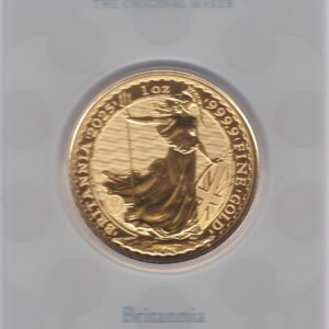 2025 Gold One Ounce Britannia coin featuring King Charles III on the Obverse. The standing figure of Britannia on the Reverse.