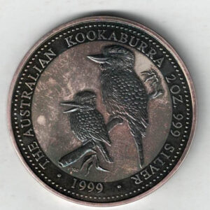 Boxed 1999 Australia Silver Two Ounce Kookaburra Coin. The obverse features Queen Elizabeth II facing right. The reverse features three goats in a field.