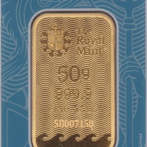 Britannia Fifty Gram Gold Bar from the Royal Mint. This 999.9 fine gold bar comes presented in a plastic credit card sized packet.