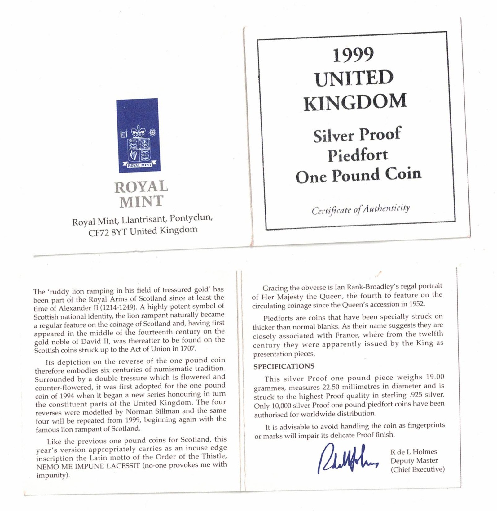 1999 One Pound Piedfort Silver Proof Scottish Dragon - Image 3