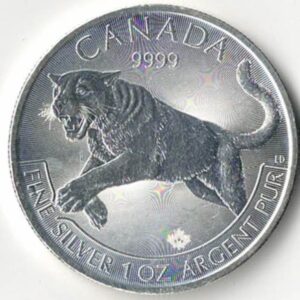 2016 Silver Canada One Ounce Cougar. Elizabeth II is on the obverse, The Cougar is on the reverse. The coin contains one ounce of 9999 fine silver.