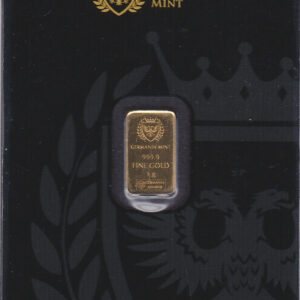 Germania Mint One Gram Gold Bar. This bar contains 1 gram of 999.9 fine gold and comes presented in a plastic credit card sized packet.