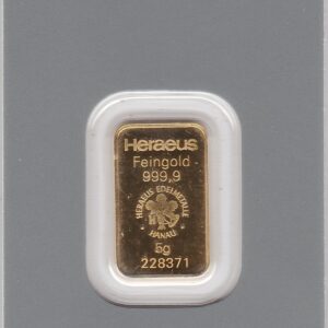 Heraeus Five Gram Gold Bar. This bar contains 5 grams of 99.99 fine gold and comes in a credit card sized packet with certified bar number.