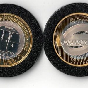 2013 Silver Proof Two Pound Coins The London Underground. The Reverse features the underground logo on one coin, and an underground train on the other coin.