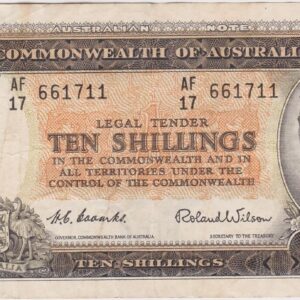 P29a Australia Ten Shillings Banknote. This ten shillings banknote has no date but was issued between 1954 and 1960. The note has been used.