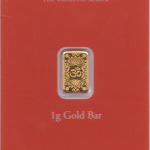 Om Design One Gram Gold Bar from The Royal Mint. This bar contains 1 gram of 999.9 fine gold and comes presented in a plastic credit card sized packet.