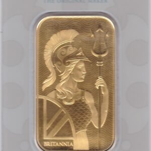 Britannia One Ounce Gold Bar from the Royal Mint. This 999.9 fine gold bar comes presented in a plastic credit card sized packet.
