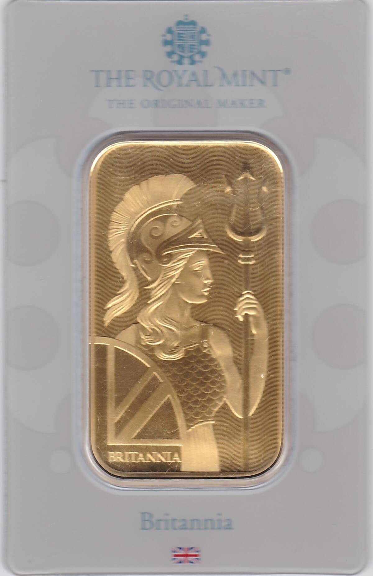 Britannia One Ounce Gold Bar from the Royal Mint. This 999.9 fine gold bar comes presented in a plastic credit card sized packet.