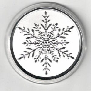 Silver One Ounce Scottsdale Mint Snowflake Round. The round contains one ounce of .9999 fine silver. In stock and Ready for dispatch.