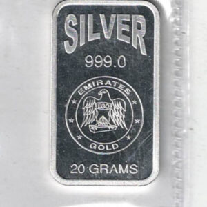 Sealed Emirates Twenty Gram Silver Bar. All of our silver bars have been pre-owned and are in stock. You are buying one silver bar.