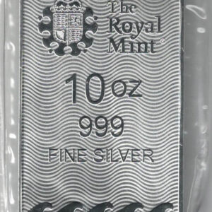 Sealed Royal Mint Britannia Ten Ounce Silver Bar. This bar contains 10 ounces of 999 fine Silver. All of our silver bars have been pre-owned.