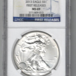 Slabbed NGC 2013 Silver USA One Ounce Eagle Coin The liberty is on the obverse, The eagle is on the reverse. The coin contains one ounce of 999 fine silver.
