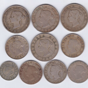 Ten Jamaica Coins. The coins are dated between 1869 and 1897 in fair to near very fine condition. The total weight of the coins is approx. 64.62 grams.
