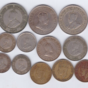 Twelve Jamaica Coins. The coins are dated between 1907 and 1952 in fine to good very fine condition. The total weight of the coins is approx. 64.25 grams.