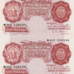 Two Consecutive B271 O'Brien Ten Shillings banknotes. These are the 1955 Issue, with Britannia on the obverse. Two consecutive serial numbers.
