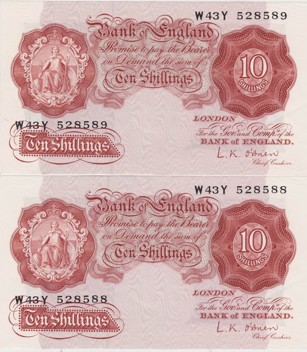 Two Consecutive B271 O'Brien Ten Shillings banknotes. These are the 1955 Issue, with Britannia on the obverse. Two consecutive serial numbers.