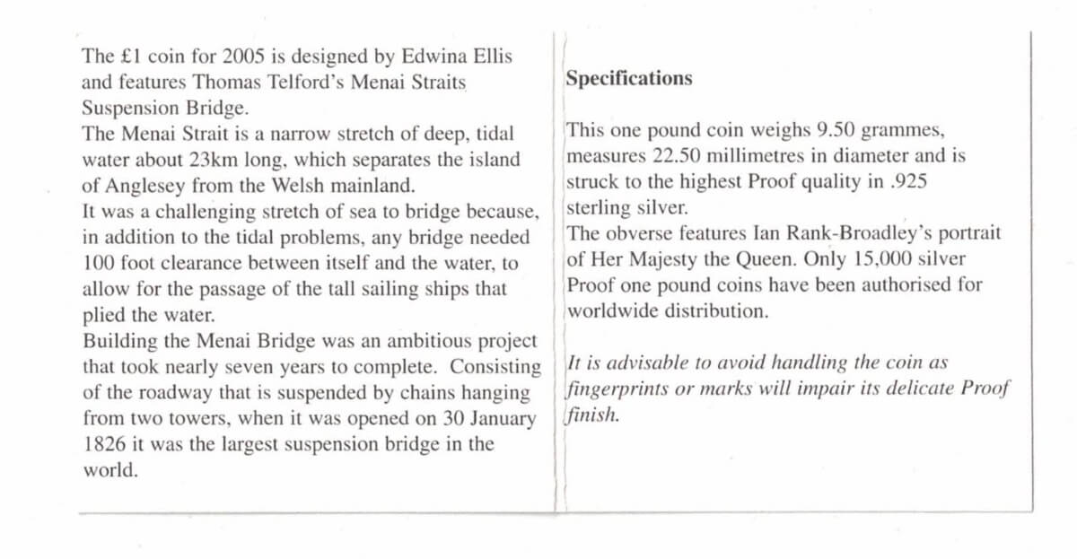 2005 One Pound Silver Proof Menai Bridge - Image 3