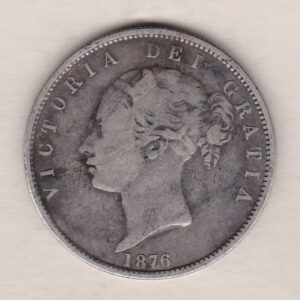 1876 Silver Halfcrown coin with young head Queen Victoria on the Obverse. Crowned square shield with laurel branches on the Reverse.