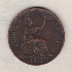 1881 Bronze Halfpenny coin featuring the portrait of Queen Victoria on the obverse. The reverse side of the coin depicts Britannia seated to the right.