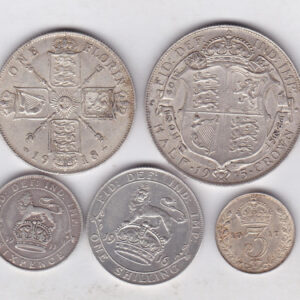 1911 To 1918 Five Coin Silver Selection. The five coins weight approx. 35.16 grams of 0.925 silver. The equivalent of 32.523 grams of fine silver.
