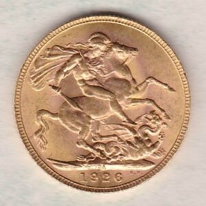1926 SA Gold Sovereign Coin. The coin features King George V on the Obverse. St George and the dragon on the reverse. The SA Pretoria South Africa mintmark.