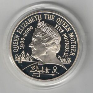 2000 Five Pounds Double Thickness Piedfort Silver Proof The Queen Mother. All coins are in stock for despatch. You are buying one coin.