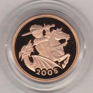 2005 gold proof sovereign coin featuring queen Elizabeth II on the Obverse & the modern interpretation of St George & the Dragon reverse.