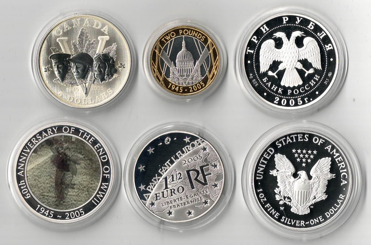 2005 The End of WWII Silver Proof Collection - 6 Coins, Various Designs from 6 different countries. All coins are in stock.