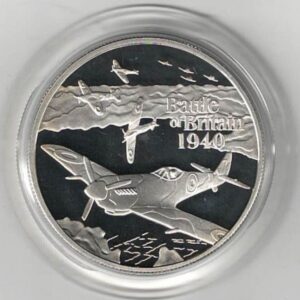 2010 Alderney Battle Of Britain Silver Proof Five Pound Coin. The Obverse features the crowned portrait of Queen Elizabeth II facing right.