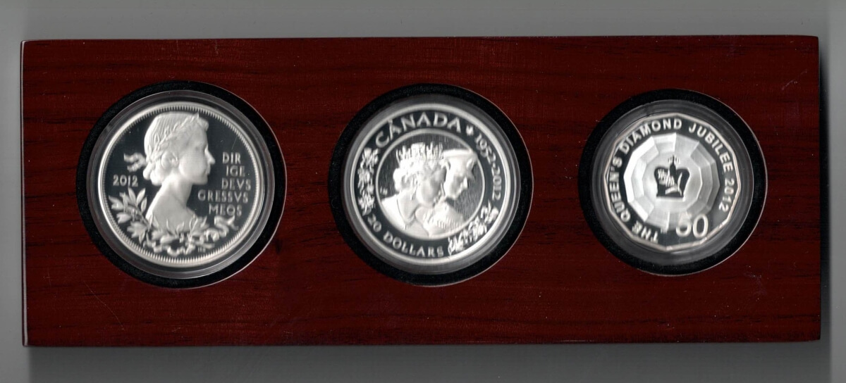 2012 Silver Proof Queens Diamond Jubilee Three Coin set, from Great Britain, Canada and Australia. In stock and ready to post.