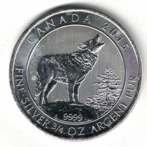 2015 Silver Canada 3/4 Ounce Grey Wolf Coin. The coin contains one ounce of 9999 fine silver. All coins are in stock and ready for despatch.