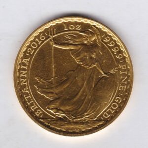 2016 Gold One Ounce Britannia coin. Queen Elizabeth II obverse. The reverse of this coin depicts Britannia, a female personification of the United Kingdom.