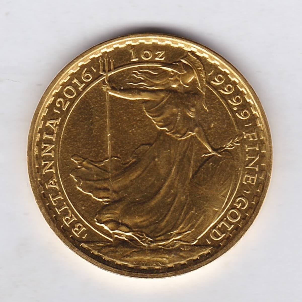 2016 Gold One Ounce Britannia coin. Queen Elizabeth II obverse. The reverse of this coin depicts Britannia, a female personification of the United Kingdom.