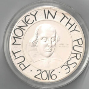 Boxed 2016 Silver Proof Five Ounce William Shakespeare. This coin weighs 156.30 grams of 0.999 silver. All coins are in stock.