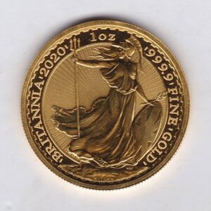2020 Gold One Ounce Britannia coin. Queen Elizabeth II obverse. The reverse of this coin depicts Britannia, a female personification of the United Kingdom.