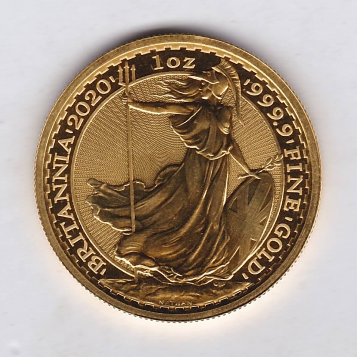 2020 Gold One Ounce Britannia coin. Queen Elizabeth II obverse. The reverse of this coin depicts Britannia, a female personification of the United Kingdom.