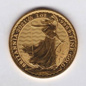 2021 Gold One Ounce Britannia coin. Queen Elizabeth II obverse. The reverse of this coin depicts Britannia, a female personification of the United Kingdom.