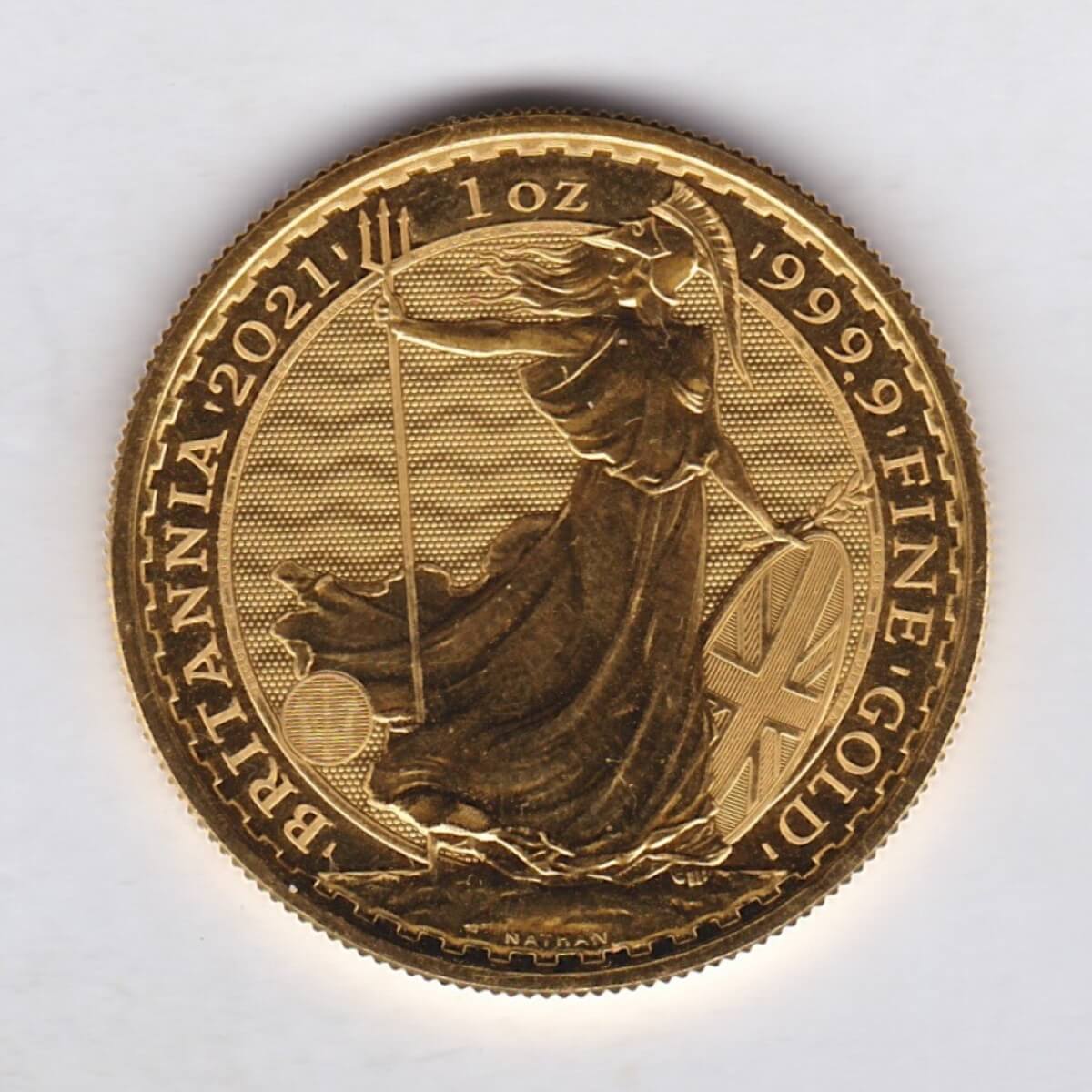 2021 Gold One Ounce Britannia coin. Queen Elizabeth II obverse. The reverse of this coin depicts Britannia, a female personification of the United Kingdom.