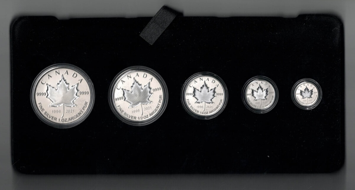 2021 Silver Reverse Proof Canadian Maple Set - five Coins. This set features Elizabeth II on the obverse. Boxed with certificate.