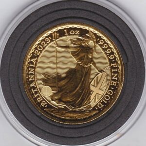 2023 Gold One Ounce Britannia coin featuring King Charles III on the Obverse. The standing figure of Britannia on the Reverse.