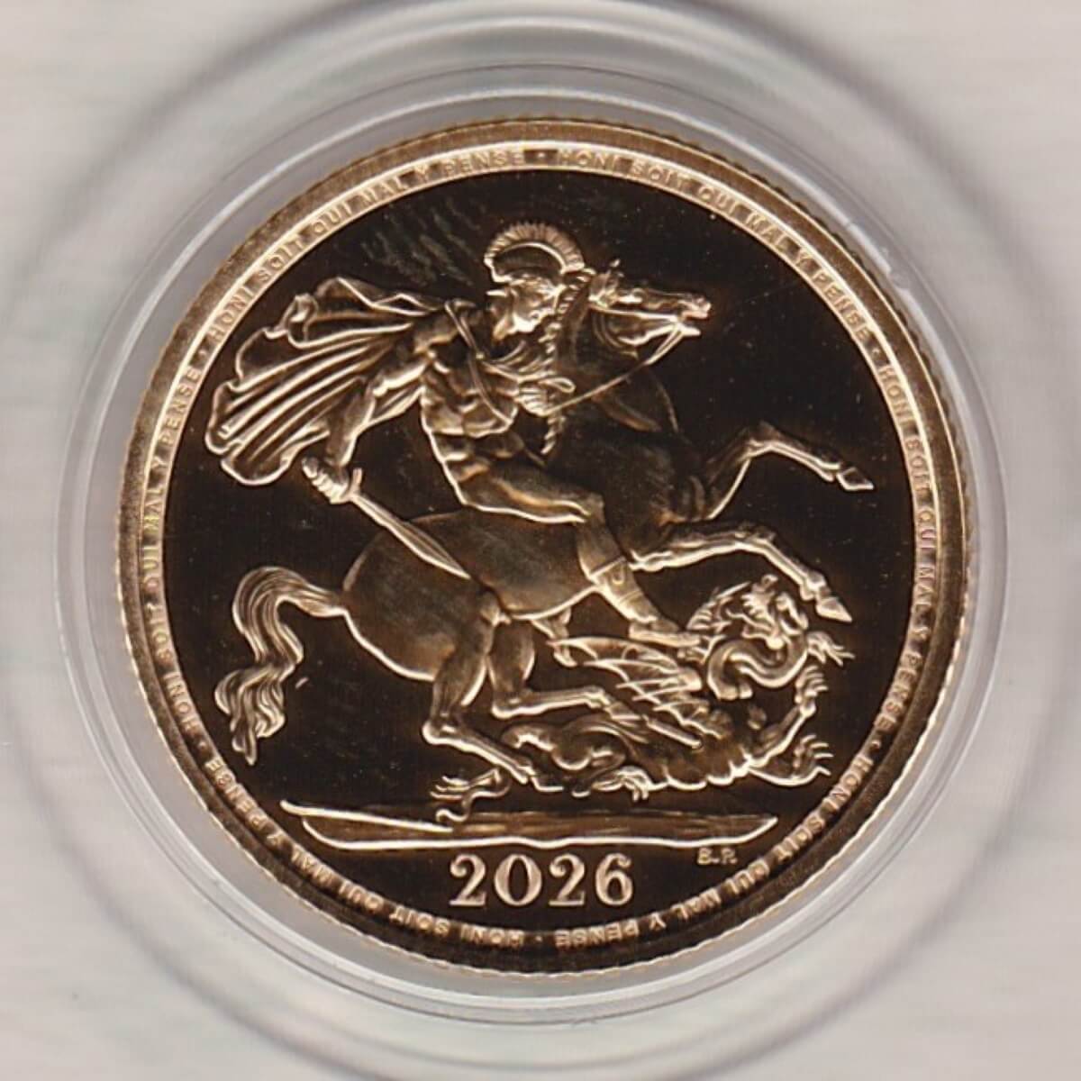 2026 Gold Sovereign Coin. The obverse features the portrait of King Charles III. St. George slaying the dragon on the reverse.