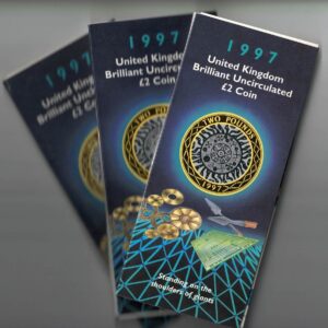 Set of three 1997 Two Pound Coins celebrating technology. Features Queen Elizabeth II on the Obverse. Reverse features four concentric circles representing the Iron Age, Industrial Revolution, silicon chip and the internet.