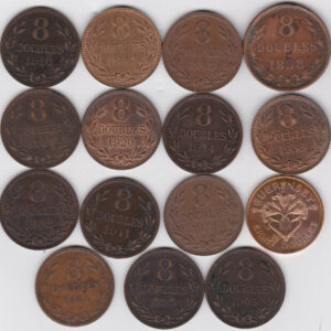 Fifteen Guernsey Eight Doubles Coins. These coins are dated between 1858 and 1956. The total weight of these coins is approx. 153.87 grams.