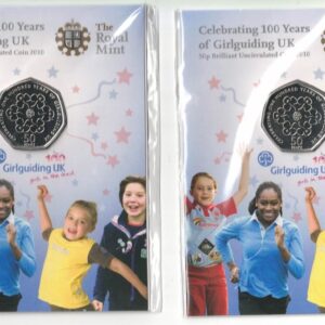 2010 Fifty Pence Girlguiding UK Coin (pair), featuring Queen Elizabeth on the Obverse and the Girlguiding symbol on the reverse. The coins are in stock.