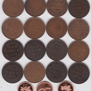 Nineteen Canada bronze One Cent Coins. These bronze coins are dated between 1884 and 1996 in fine to near mint condition.