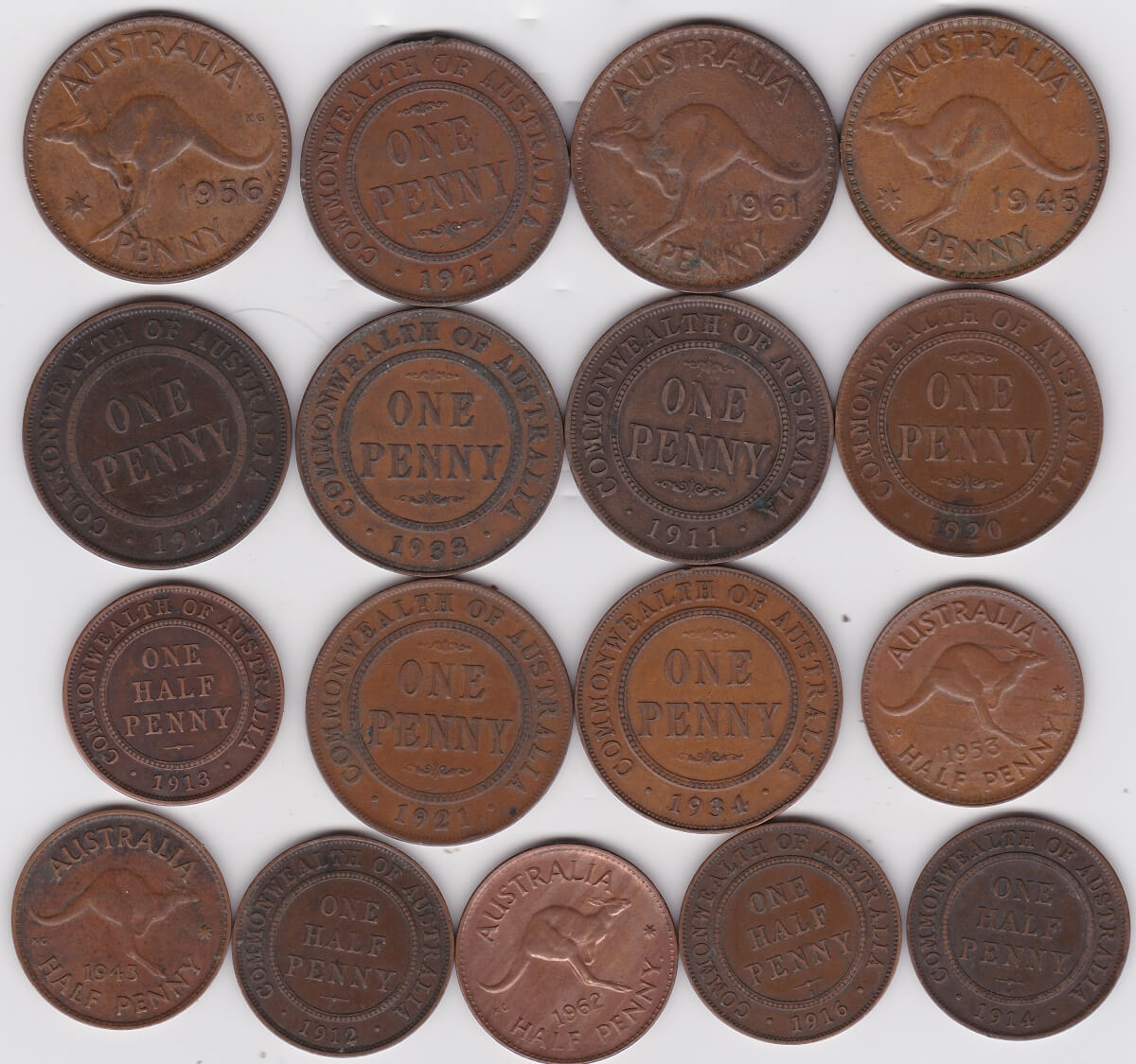 Seventeen Australia Bronze Coins. These Penny and Halfpenny coins are dated between 1911 and 1962 in fair to near extremely fine condition.
