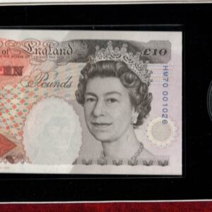 1996 Five Pound Silver Proof Coin & Ten Pound Note Set, made for the Queen's 70th Birthday. The reverse of coin features Windsor Castle.